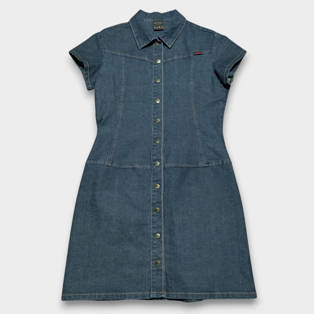 Vintage Fubu‎ Dark Wash Denim Snap Dress Y2K Street Club Hip Hop Womans 9 / 10